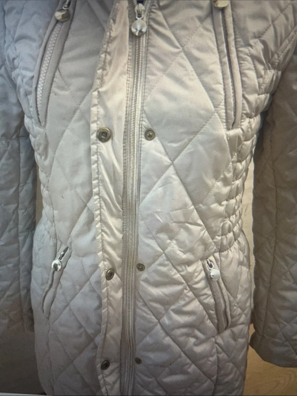 Girls Cream Quilted Hooded Puffer with Faux Fur Trim, Size 14-16